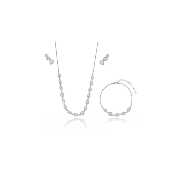 Conjunto Gargantilha, Brinco e Pulseira Ródio Branco